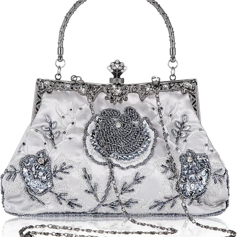 Vintage Beaded Clutch with Floral Embroidery, Sequin Rhinestone Evening Bag NEW